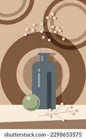 Still life Poster Minimalist Botanical Illustration with Ceramic Vase with white flowers, Brown and Green Tones. Modern Flat Design for Home Decor. Vector Banner or Poster Template