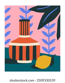 Stillleben-Poster. Minimalistische Kunst mit Vase mit Zitronen. Kreatives Gestaltungselement zur Dekoration von Wänden und Innenräumen. Komfort und Gemütlichkeit. Ästhetische Abdeckung. Flache Vektorgrafik