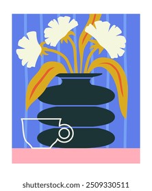 Stillleben-Poster. Vase mit blühenden weißen Blumen. Minimalistische Kreativität und Kunst. Komfort und Gemütlichkeit. Grafisches Element für Wand- und Innendekoration. Flache Vektorgrafik