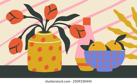 Still life poster. Vase with flowers and bowl with pears. Minimalistic creativity and art. Decor and interior elements. Comfort and coziness. Template and layout. Flat vector illustration