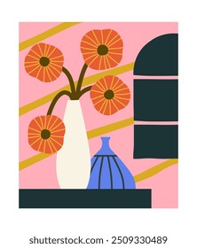 Stillleben-Poster. Vase mit Blumen am Tisch. Minimalistische Kreativität und Kunst. Design-Element für Wände Dekoration. Komfort und Gemütlichkeit. Flyer, Broschüre und Broschüre. Flache Vektorgrafik