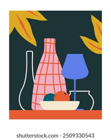 Still life poster. Vase with lamp and bowl with fruits. Minimalistic creativity and art. Decor and interior elements. Comfort and coziness. Social media cover. Flat vector illustration