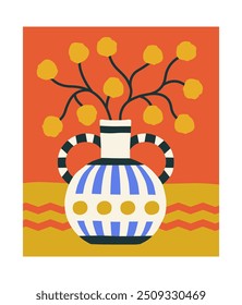 Still life poster. Vase with tree with yellow fetus. Minimalistic flyer with ceramic jug and plant. Decor and interior elements. Comfort and coziness. Leaflet and booklet. Flat vector illustration