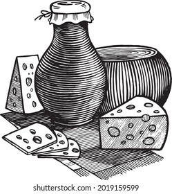 Still life with a pot, a cheese head, pieces of cheese and slices, vector illustration. Vintage graphics and handwork. A collection of farm products.