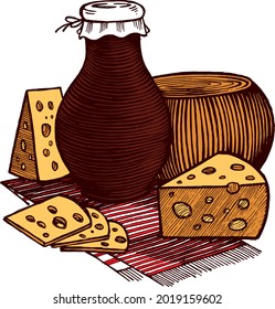 Still life with a pot, a cheese head, pieces of cheese and slices, vector illustration. Vintage graphics and handwork. A collection of farm products.