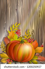 Still life with pumpkin and autumn leaves against the background of the fence. Halloween. Vector illustration.