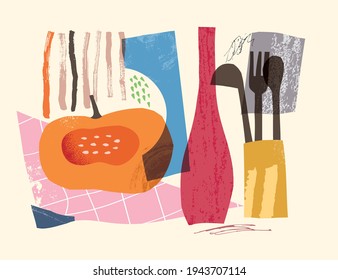 Still life with pumpkin, kitchenware and abstract shapes in mid-century modern art style for wall decoration, postcards. Hand-drawn textures.