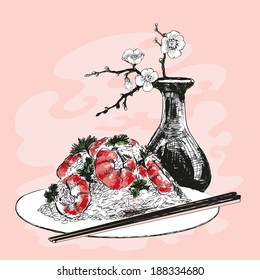 Still life with rice, shrimp and blossoming branch in a vase
