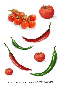 Still life. Ripe tomatoes, cherry tomatoes and hot peppers. Vector illustration.