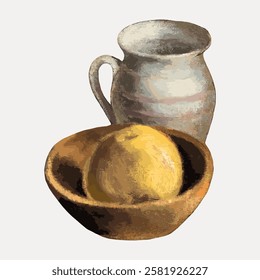 Still life with rustic jug and bowl. Jug and bowl in muted tones. Earthy jug and bowl with fruit. Classic bowl arrangement. Jug art piece. Vintage  illustrations vector.