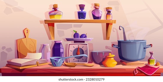 Stillleben im rustikalen Stil. Der Prozess der Herstellung von Pflaumenstauscher. Küchenutensilien, Holztisch, Kochbuch, Waage, Glas, Marmelade, Saucepan. Glas mit Extrakt, Essenz. Cartoon-Vektorgrafik