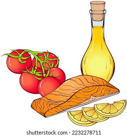 Still life with salmon fillets, tomatoes and a bottle of olive oil. Vector color illustrations in hand drawn cartoon style. Close up healthy fish food isolated on white. Element for sticker, print