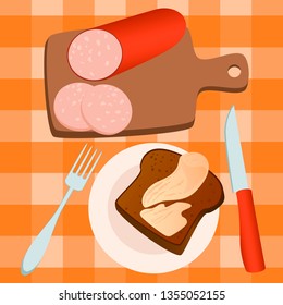 Still life of sausage, bread and butter and various decorative objects. Vector illustration