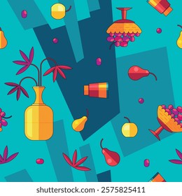 Still life seamless pattern. Leaves in vase near fruits in bowl. Abstract drawing style. Bright colored cartoon flat vector illustration.