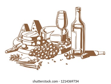 Still life of a set of cheeses with grapes and wine