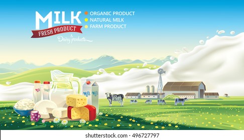 Still life of a set of dairy products on the background of splash of milk, and the farmland rural  landscape with a herd of cows. Vector illustration.