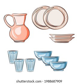 Still life. Set of dishes. Porcelain and earthenware ceramic items for table setting. Jug, glass jars, saucers, mugs, glass glasses, cups. Isolated vector objects.