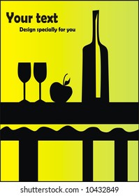 Still life silhouette with bottle, apple and wineglasses. Vector.