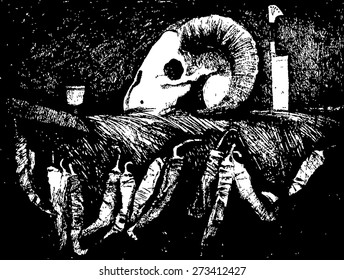  Still life with skull and dry peppers. Hand draw illustration.        