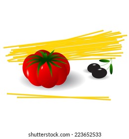 Still life, spaghetti, tomato and olives