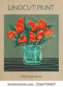 Still life, spring tulips in a glass vase. Hand drawn vector illustration, stylized in traditional artistic linocut or woodcut print on old paper