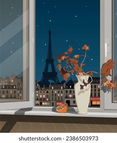 
The still life stands on the windowsill against the backdrop of Paris at night. Vector.