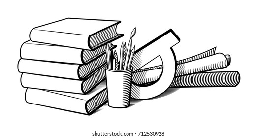 Still life with stationary items. Black and white retro-style vector illustration. Pile of books, pencils and pens in a cup, protractor and paper rolls 