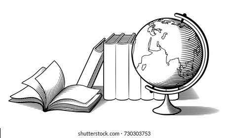 Still life with stationary items. Globe and books. Black and white retro-style vector illustration