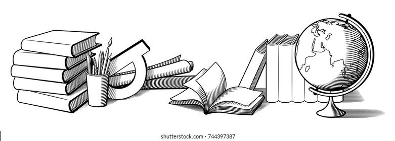 Still life with stationery items. Books, writing tools in a cup, globe and protractor. Black and white vector illustration