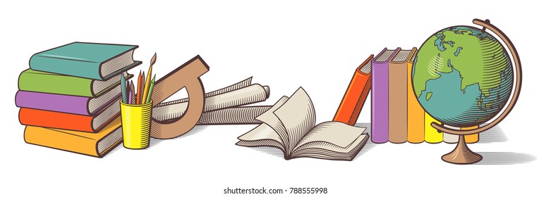 Still life with stationery items. Books, writing tools in a cup, globe and protractor. Colored retro style vector illustration