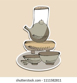 Still life Sticker Chinese of tea-drinking, Teapot, cups.  Colorful hand drawn vector stock illustration.