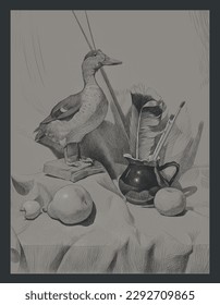 Still life with a stuffed duck, a pear, an apple and a jug with a feather and brushes. Hand drawn, graphics, monochrome in black and white style, made with strokes. Vector illustration, eps 10.