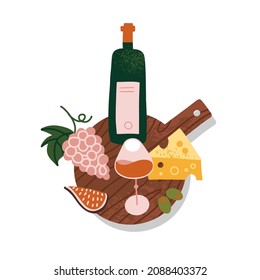 Still life with stylized french food and beverage. Cheese, grape, fig, wine bottle and glass on cutting board. Flat vector illustration with hand drawn textures.