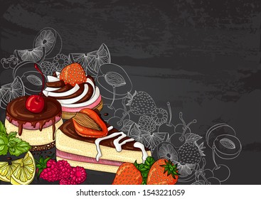 Still life with a sweet dessert and a piece of fruit cake on a chalk board with a sketch. Hand drawn vector illustration. Poster template design for menu, kitchen, flyer