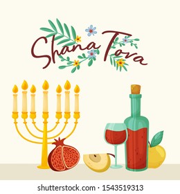 Still Life With Symbols Of Shana Tova Jewish Holiday Vector Illustration