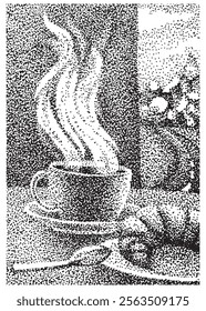 Still life. Tea or coffee with croissant. Cup with steam. Cozy breakfast in nature. View from the window with mountains. Illustration with black dots using pointillism technique