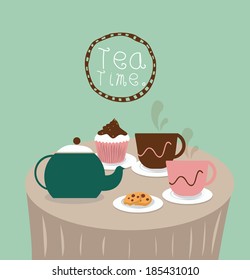 still life of tea time and fancy cupcakes. concept vector illustration