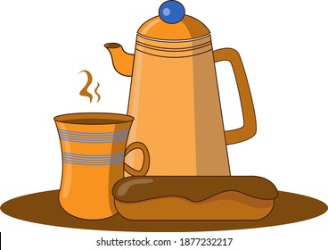 Still life with a teapot, a cup of tea or coffee and an eclair.All in brown tones with blue accents.