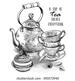 Still life. Teapot, cups and cake. Vector black and white illustration.