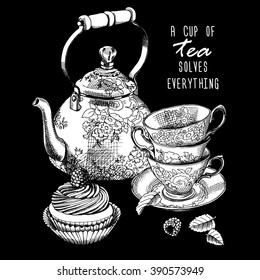 Still life. Teapot, cups and cake. Vector black and white illustration.