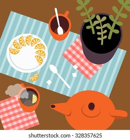 still life with a teapot, cups and a potted plant illustration