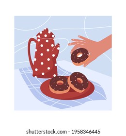 Still life with a teapot and donuts. Vector illustration.