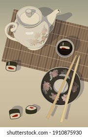 
Still life with teapot, rolls, soy sauce, vector.