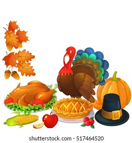 Still life Thanksgiving icons. Colorful cartoon greeting card with traditional food, leaves and turkey decoration. Vector.