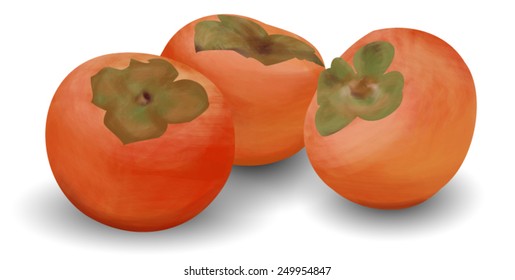Still life with three persimmons, painted colors.