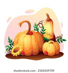 Аutumn still life with three pumpkins and sunflowers, colorful vector illustration on the theme of harvest, autumn, autumn holidays and festivals