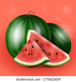 Still life of two watermelons and two pieces on a red background. Bright watermelons are made in a realistic style.