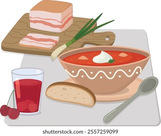 Still life with Ukrainian dishes for lunch. Red borscht with sour cream and bread, salted lard with onions and cherry compote