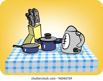 Still life of utensils: cutlery, frying pan, saucepan, kettle