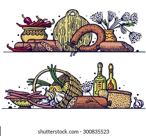 Still life with various sausages. Vector.